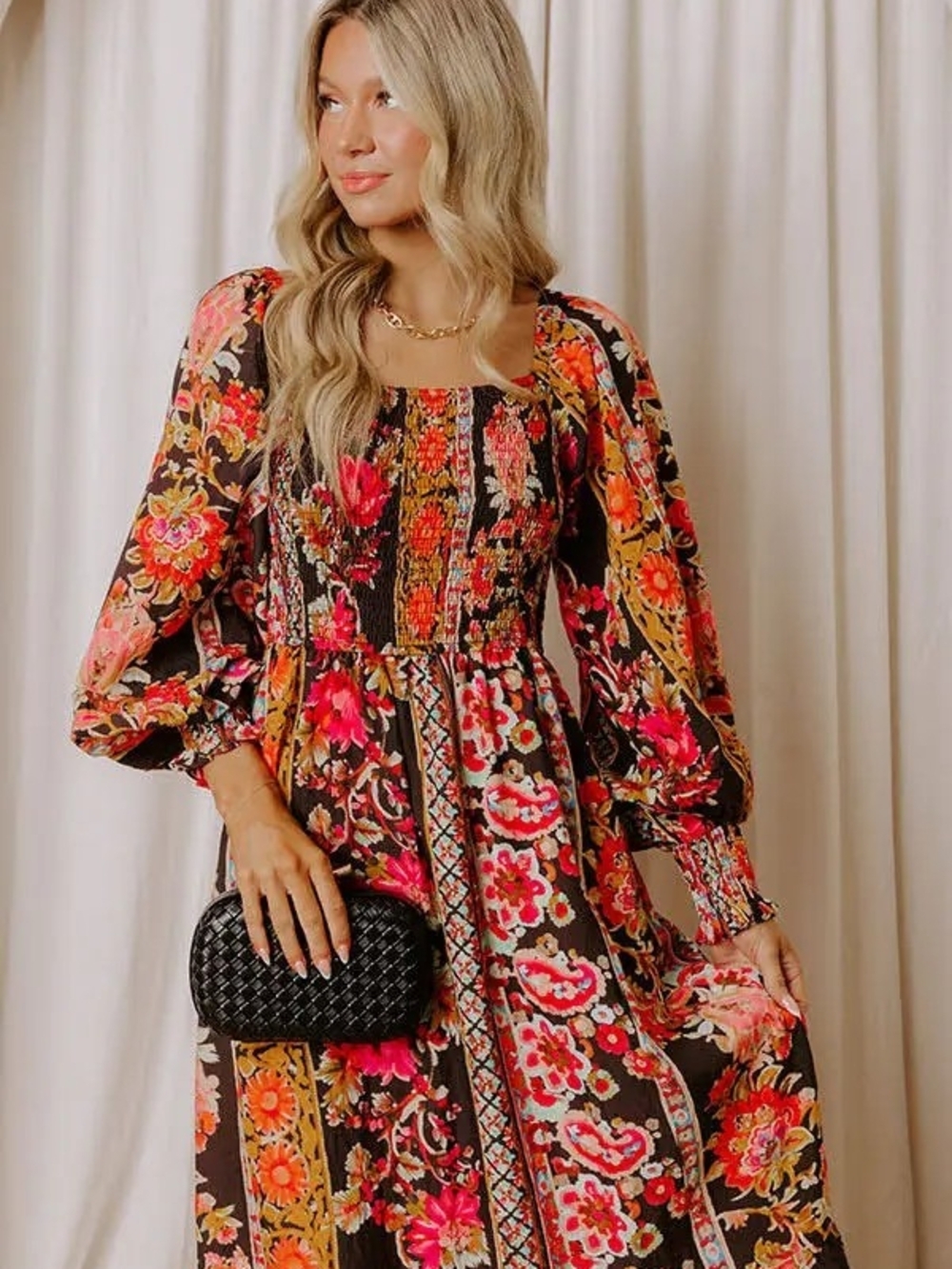 NWT Oddi 1XL Smocked Boho Maxi Dress in Black with Pink & Orange Floral